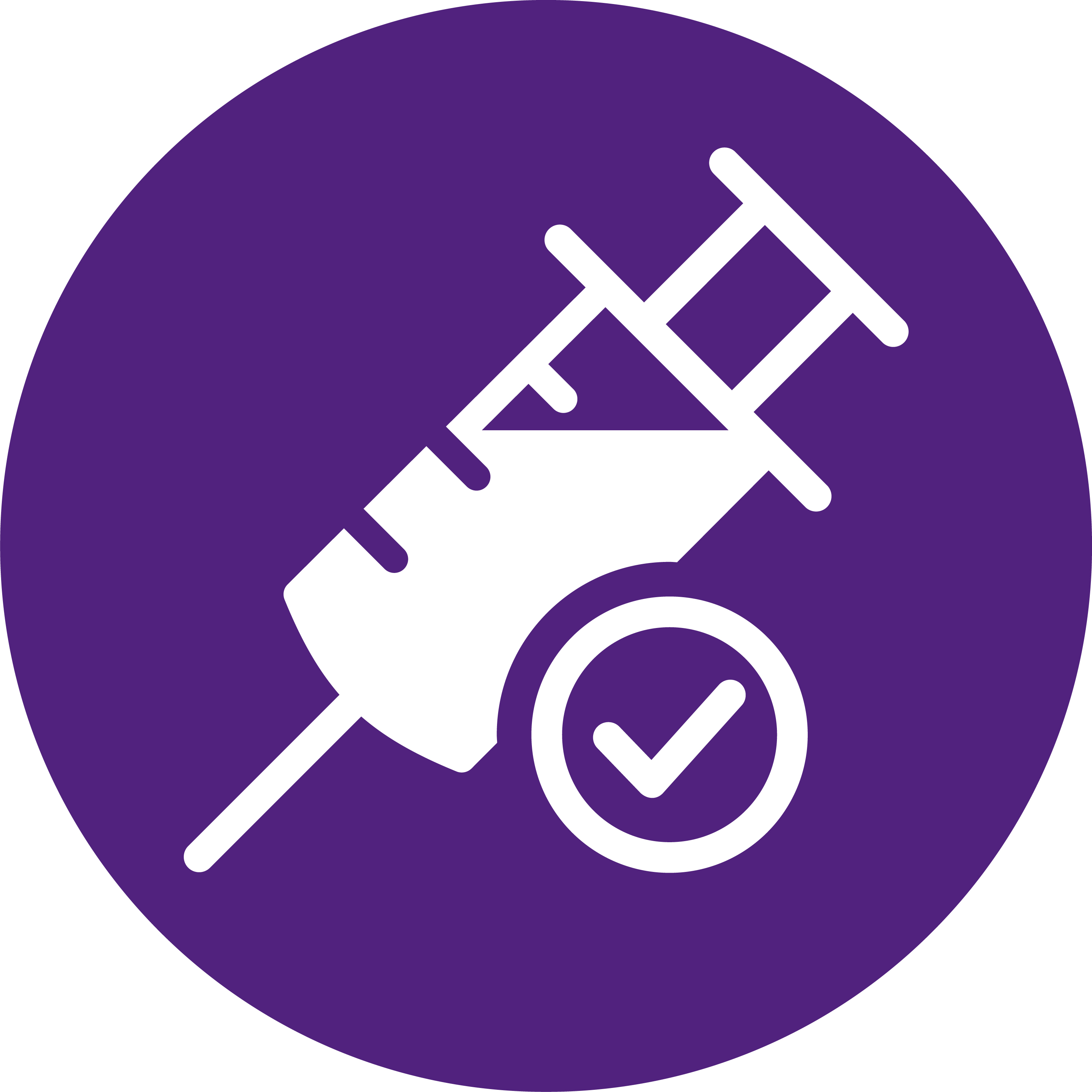 Vaccination icon - syringe and checkmark on purple background