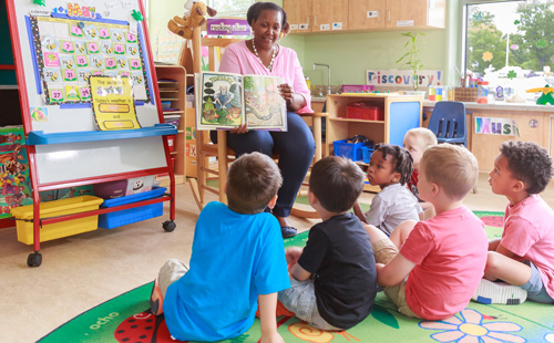 Teacher reading a book to pre-k students