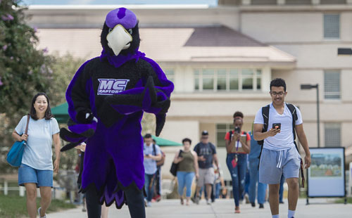 Raptor mascot on campus