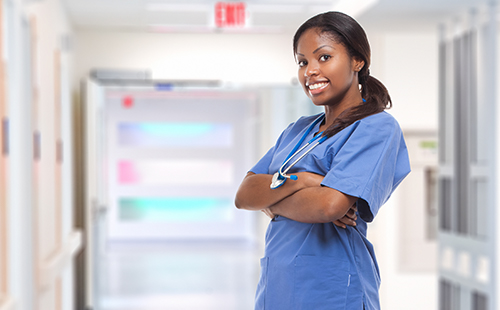 ESOL for healthcare, a woman in blue scrubs