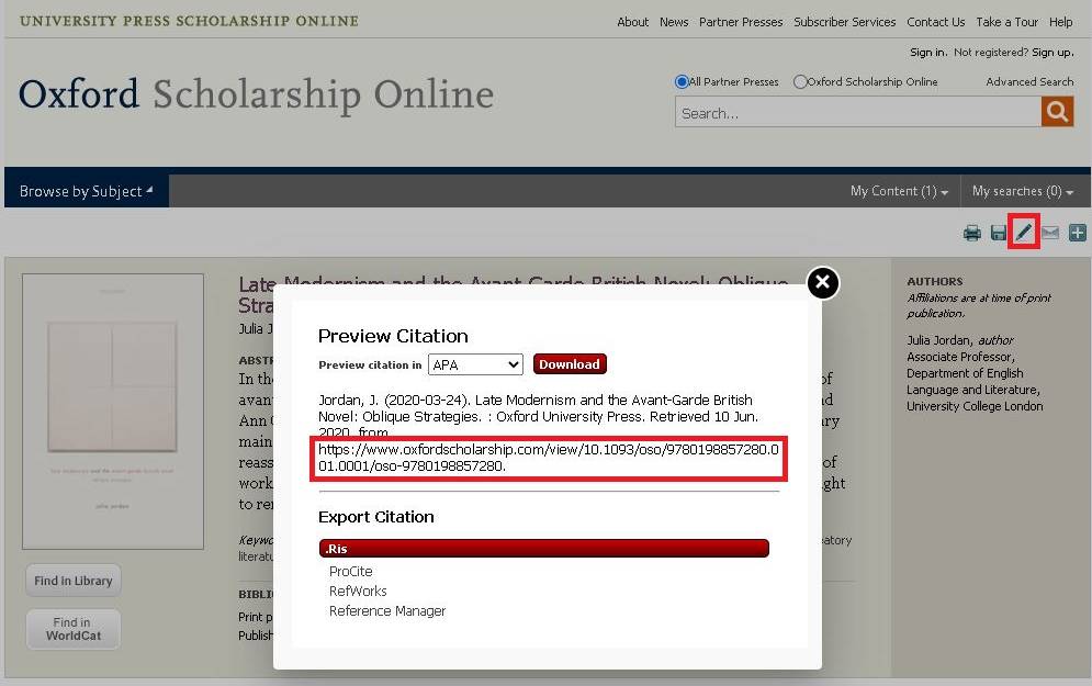 Screenshot of an Oxford Scholarship Online book with red boxes highlighting how to identify the permanent link to a resource.